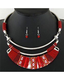 Rope Weaving Bohemian Fashion Arch Pendant Statement Necklaces and Earrings Set - Red