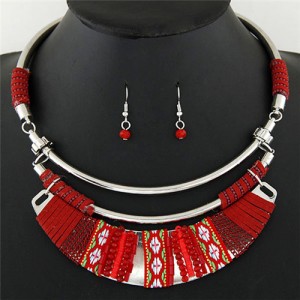 Rope Weaving Bohemian Fashion Arch Pendant Statement Necklaces and Earrings Set - Red