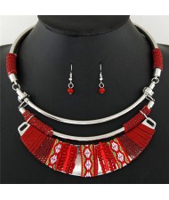 Rope Weaving Bohemian Fashion Arch Pendant Statement Necklaces and Earrings Set - Red