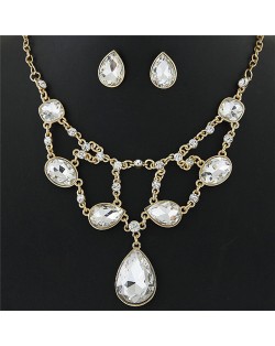Luxurious Glass Gems Waterdrops Theme Fashion Design Alloy Necklace and Earrings Set - White