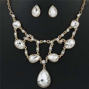 Luxurious Glass Gems Waterdrops Theme Fashion Design Alloy Necklace and Earrings Set - White