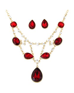 Luxurious Glass Gems Waterdrops Theme Fashion Design Alloy Necklace and Earrings Set - Red