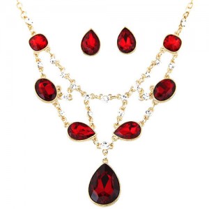 Luxurious Glass Gems Waterdrops Theme Fashion Design Alloy Necklace and Earrings Set - Red