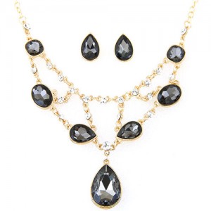 Luxurious Glass Gems Waterdrops Theme Fashion Design Alloy Necklace and Earrings Set - Black