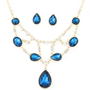 Luxurious Glass Gems Waterdrops Theme Fashion Design Alloy Necklace and Earrings Set - Ink Blue