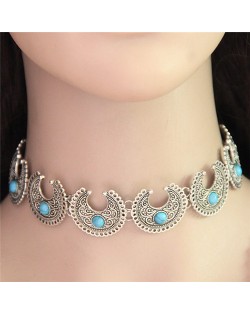 Artificial Turquoise Inlaid Ethnic Style Crescent Moons Fashion Necklet