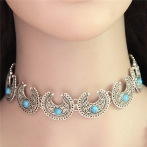 Artificial Turquoise Inlaid Ethnic Style Crescent Moons Fashion Necklet