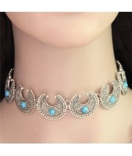 Artificial Turquoise Inlaid Ethnic Style Crescent Moons Fashion Necklet