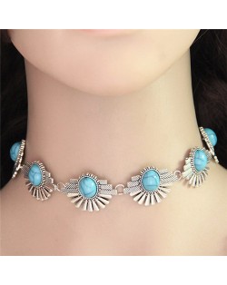 Artificial Turquoise Decorated Flowers Alloy Fashion Necklet