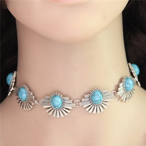 Artificial Turquoise Decorated Flowers Alloy Fashion Necklet