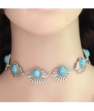 Artificial Turquoise Decorated Flowers Alloy Fashion Necklet
