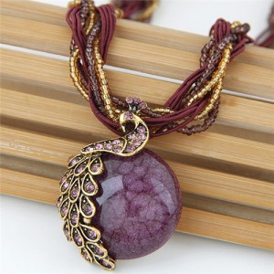 Rhinestone Embellished Peacock on the Moon Pendant Statement Fashion Necklace - Grape