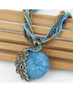 Rhinestone Embellished Peacock on the Moon Pendant Statement Fashion Necklace - Blue