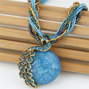 Rhinestone Embellished Peacock on the Moon Pendant Statement Fashion Necklace - Blue