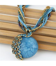 Rhinestone Embellished Peacock on the Moon Pendant Statement Fashion Necklace - Blue