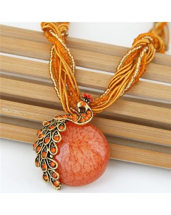 Rhinestone Embellished Peacock on the Moon Pendant Statement Fashion Necklace - Orange