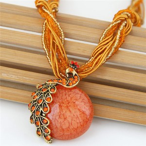 Rhinestone Embellished Peacock on the Moon Pendant Statement Fashion Necklace - Orange