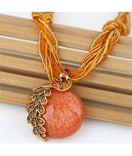 Rhinestone Embellished Peacock on the Moon Pendant Statement Fashion Necklace - Orange