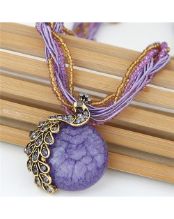 Rhinestone Embellished Peacock on the Moon Pendant Statement Fashion Necklace - Violet
