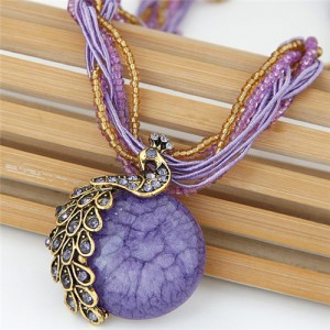 Rhinestone Embellished Peacock on the Moon Pendant Statement Fashion Necklace - Violet