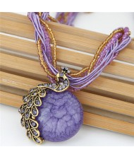 Rhinestone Embellished Peacock on the Moon Pendant Statement Fashion Necklace - Violet