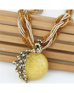 Rhinestone Embellished Peacock on the Moon Pendant Statement Fashion Necklace - Yellow