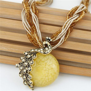 Rhinestone Embellished Peacock on the Moon Pendant Statement Fashion Necklace - Yellow