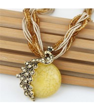 Rhinestone Embellished Peacock on the Moon Pendant Statement Fashion Necklace - Yellow