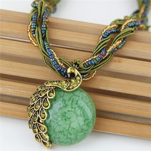 Rhinestone Embellished Peacock on the Moon Pendant Statement Fashion Necklace - Green