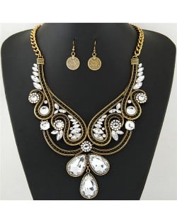 Rhinestone and Resin Gems Embellished Hollow Floral Pattern Statement Fashion Necklace and Earrings Set - Golden and White