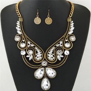 Rhinestone and Resin Gems Embellished Hollow Floral Pattern Statement Fashion Necklace and Earrings Set - Golden and White