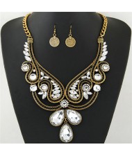 Rhinestone and Resin Gems Embellished Hollow Floral Pattern Statement Fashion Necklace and Earrings Set - Golden and White