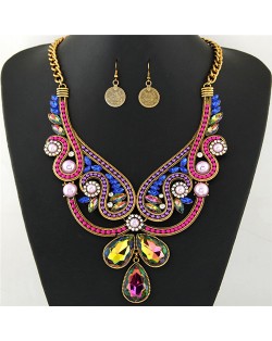 Rhinestone and Resin Gems Embellished Hollow Floral Pattern Statement Fashion Necklace and Earrings Set - Golden and Multicolor