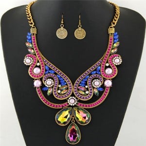 Rhinestone and Resin Gems Embellished Hollow Floral Pattern Statement Fashion Necklace and Earrings Set - Golden and Multicolor