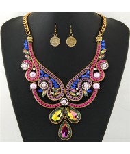 Rhinestone and Resin Gems Embellished Hollow Floral Pattern Statement Fashion Necklace and Earrings Set - Golden and Multicolor