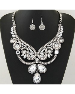 Rhinestone and Resin Gems Embellished Hollow Floral Pattern Statement Fashion Necklace and Earrings Set - Silver and White