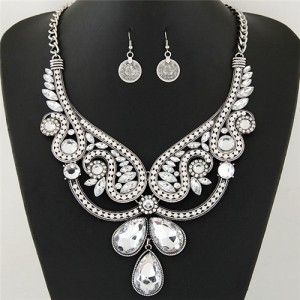 Rhinestone and Resin Gems Embellished Hollow Floral Pattern Statement Fashion Necklace and Earrings Set - Silver and White