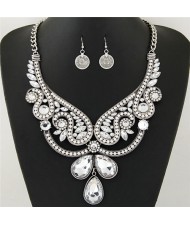 Rhinestone and Resin Gems Embellished Hollow Floral Pattern Statement Fashion Necklace and Earrings Set - Silver and White