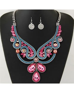Rhinestone and Resin Gems Embellished Hollow Floral Pattern Statement Fashion Necklace and Earrings Set - Silver and Multicolor