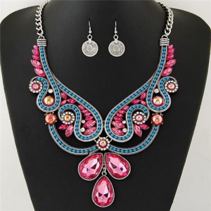 Rhinestone and Resin Gems Embellished Hollow Floral Pattern Statement Fashion Necklace and Earrings Set - Silver and Multicolor