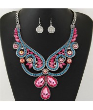 Rhinestone and Resin Gems Embellished Hollow Floral Pattern Statement Fashion Necklace and Earrings Set - Silver and Multicolor