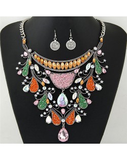Graceful Shining Hollow Spring Floral Pattern Design Statement Fashion Necklace and Earrings Set - Silver and Multicolor