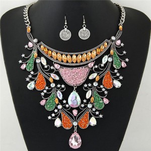 Graceful Shining Hollow Spring Floral Pattern Design Statement Fashion Necklace and Earrings Set - Silver and Multicolor
