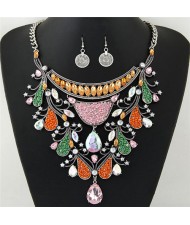 Graceful Shining Hollow Spring Floral Pattern Design Statement Fashion Necklace and Earrings Set - Silver and Multicolor