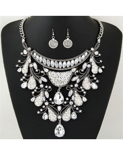 Graceful Shining Hollow Spring Floral Pattern Design Statement Fashion Necklace and Earrings Set - Silver and White