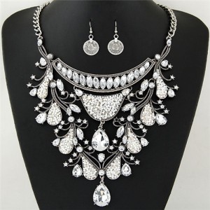 Graceful Shining Hollow Spring Floral Pattern Design Statement Fashion Necklace and Earrings Set - Silver and White