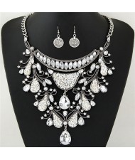 Graceful Shining Hollow Spring Floral Pattern Design Statement Fashion Necklace and Earrings Set - Silver and White