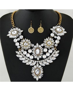 Luxurious Brightful Gems Flowers Theme Statement Fashion Necklaces and Earrings Set - Golden and Transparent