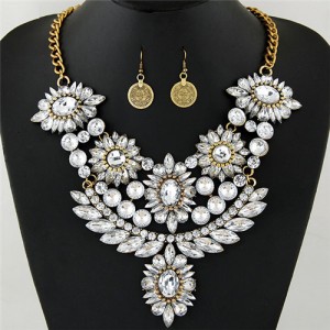 Luxurious Brightful Gems Flowers Theme Statement Fashion Necklaces and Earrings Set - Golden and Transparent
