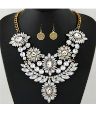 Luxurious Brightful Gems Flowers Theme Statement Fashion Necklaces and Earrings Set - Golden and Transparent